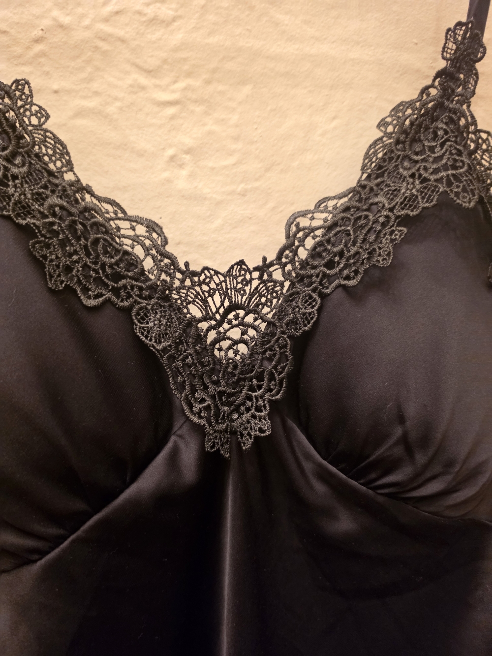 Black Satin Lace Appliqué Slip Dress Chemise Lingerie Nightgown L - Picture 6 of 10
